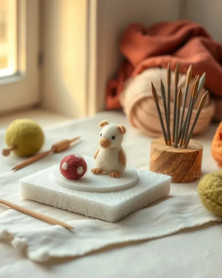 Needle felting: a small figure takes shape on a foam pad
