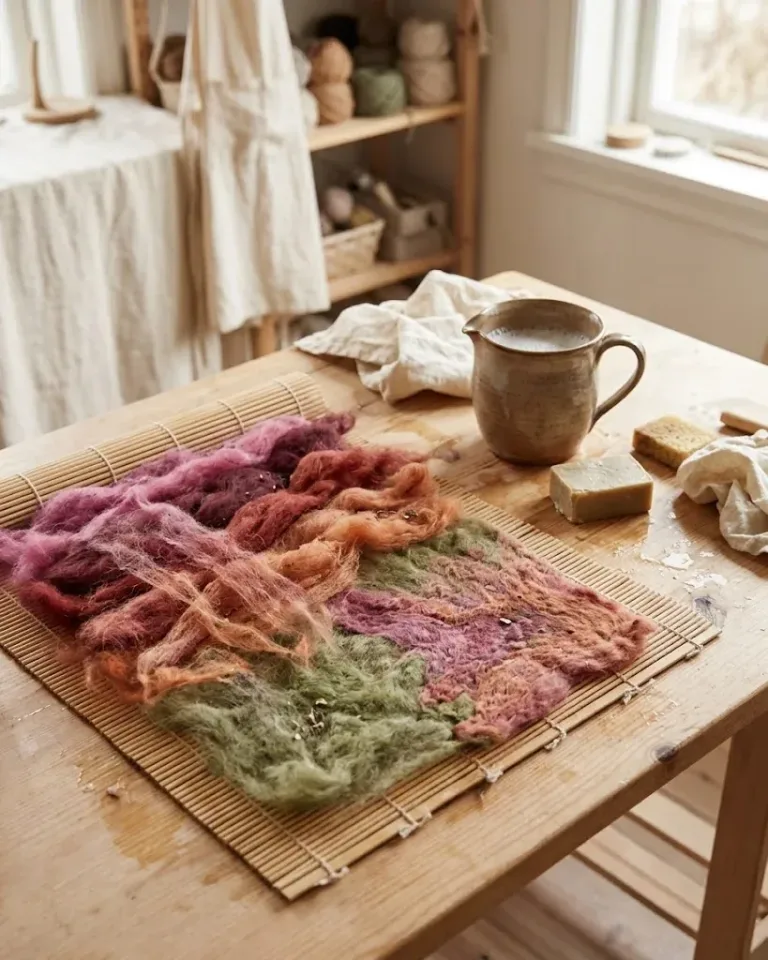 Wet felting: layers of merino on a bamboo mat, with soap and warm water